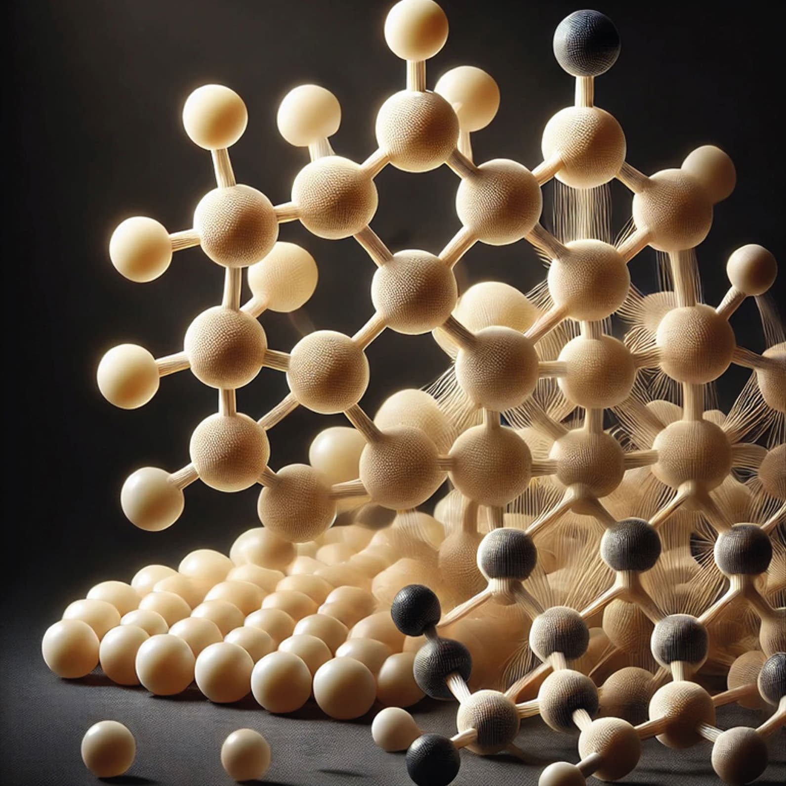 Immagine realistica in 3D della formulazione dell'Acido laluronico Cross-Linked, lavorato con Urea.
La struttura complessa evidenzia l'interazione molecolare, con la parte filamentosa che rappresenta l'integrazione dell'Urea.