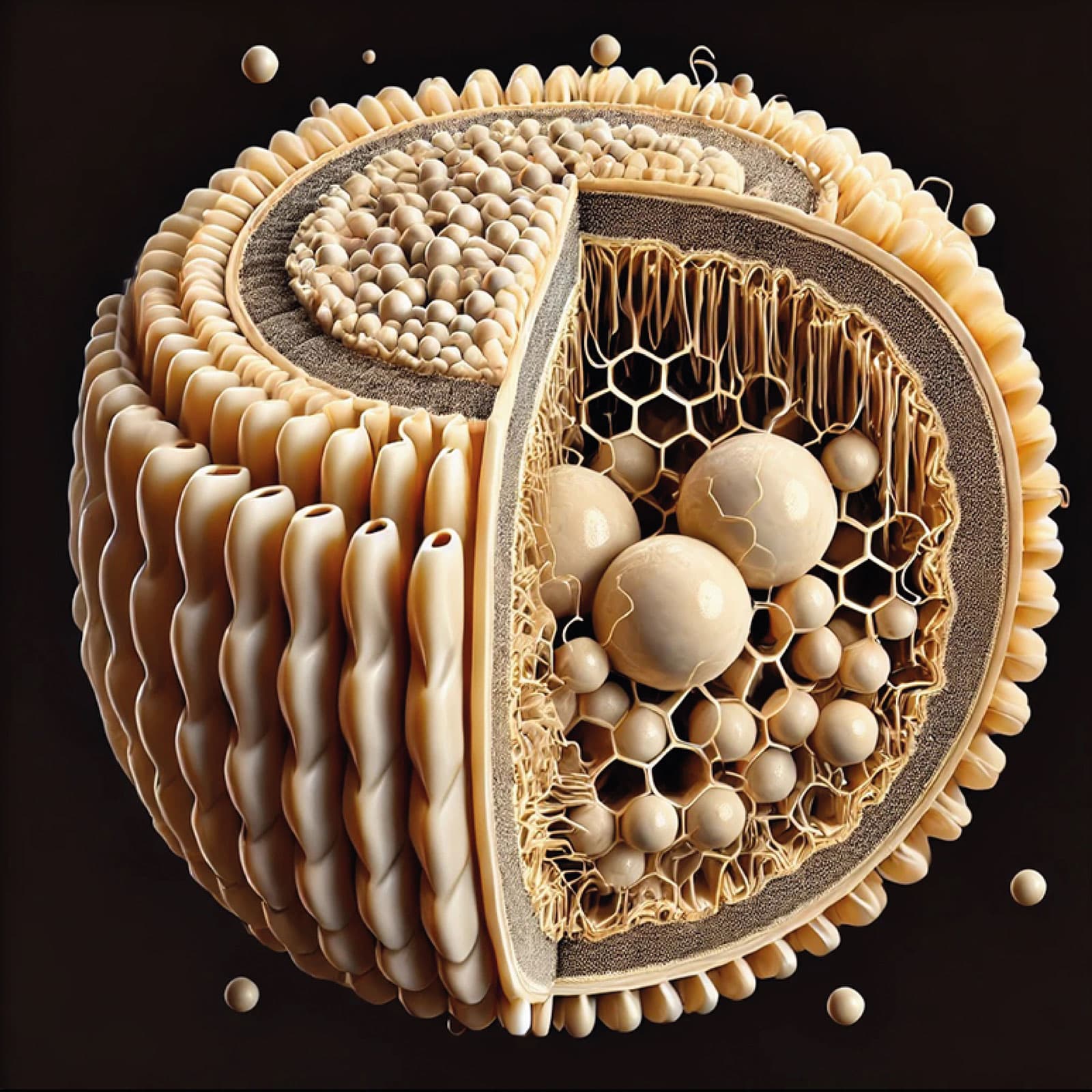 Immagine 3D altamente ingrandita di un Liposoma, visualizzata al microscopio per evidenziare la sua complessa struttura bilayer fosfolipidica. Questa rappresentazione dettagliata mostra la capacità dei Liposomi di incapsulare e proteggere i principi attivi, migliorando la Veicolazione Transdermica. Grazie alla loro affinità con le membrane cellulari, i Liposomi facilitano il rilascio mirato degli attivi, ottimizzando l'assorbimento e l'efficacia dei trattamenti.